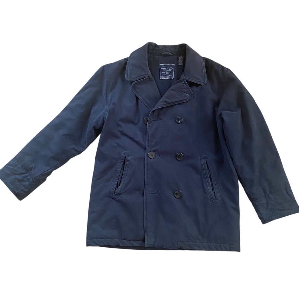 American Eagle Men Navy Double Breasted 90s Canvas Coat‎ Anchor Buttons Academia